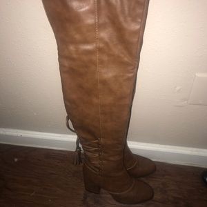 Thigh high brown faux leather boots 6.5